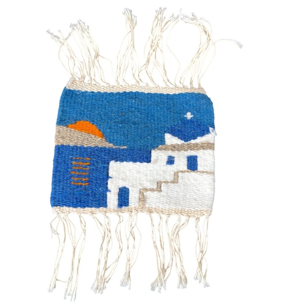 Santorini mini Tapestry 6.5x5.5 Blue Mediterranean folk art Handwoven Wool Art